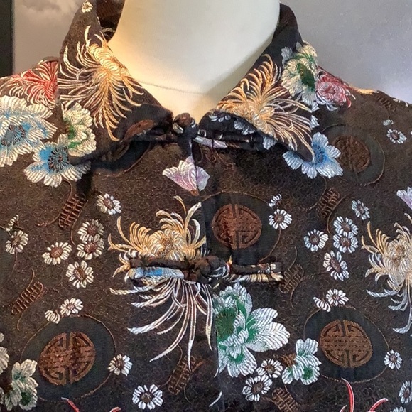 Vintage UNITS Petite M Brown Silk Blend Floral Asian Style Top Jacket Sz M - Picture 2 of 11